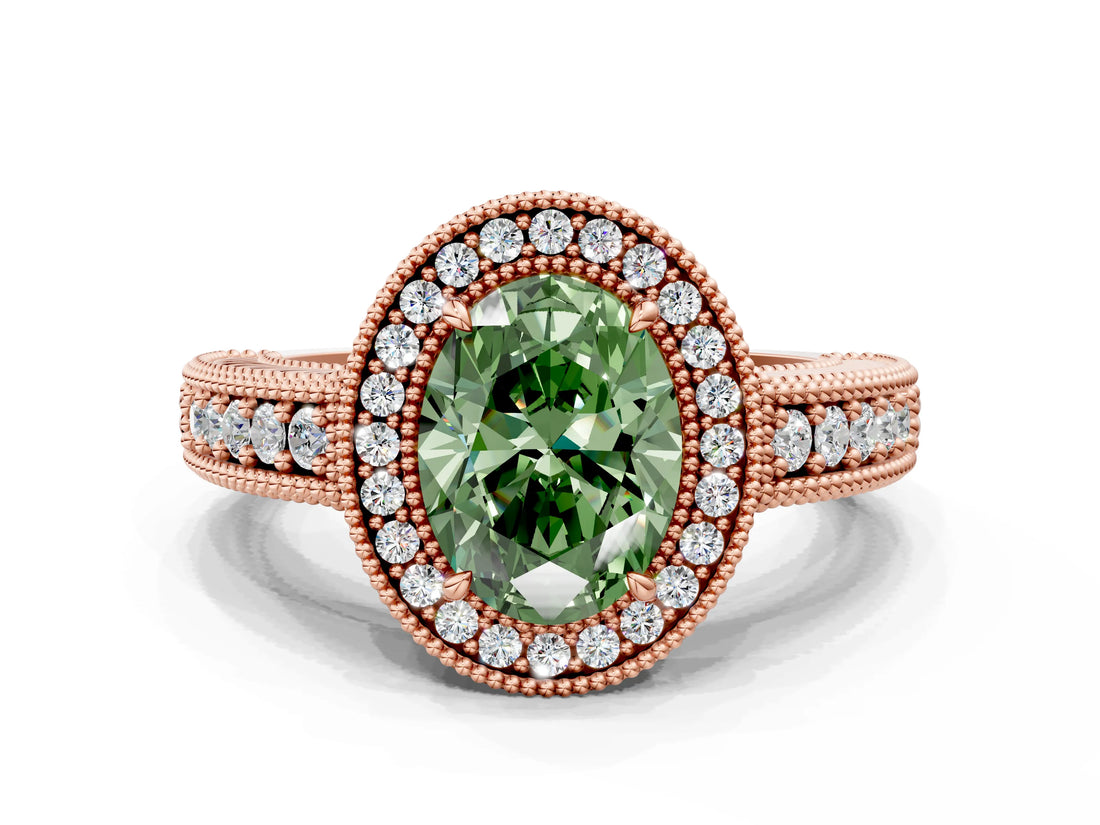 Rose gold Fancy Green Oval  Cut Halo Diamond Ring with Pavé Band and Four-Prong Setting_85