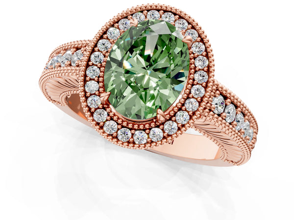 Rose gold Fancy Green Oval  Cut Halo Diamond Ring with Pavé Band and Four-Prong Setting