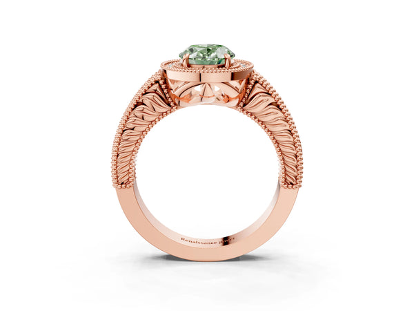 Rose gold Fancy Green Oval  Cut Halo Diamond Ring with Pavé Band and Four-Prong Setting