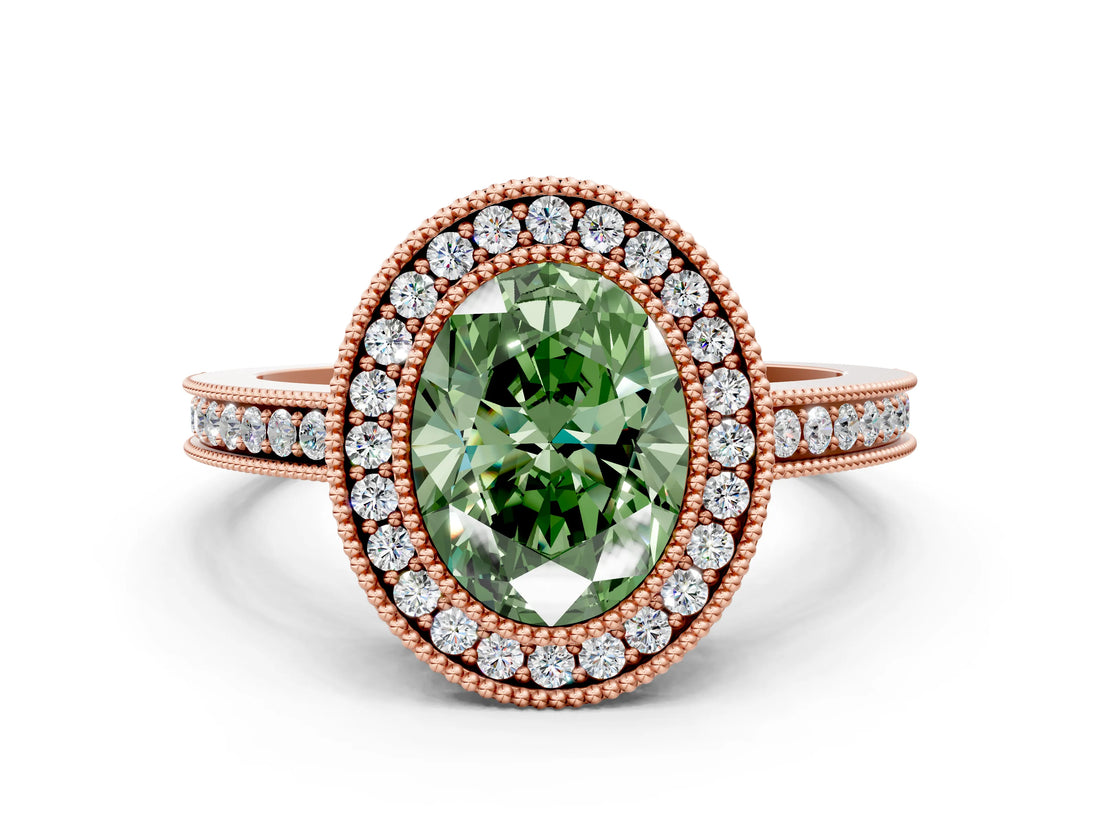 Rose gold Fancy Green Oval  Cut Halo Diamond Ring with Pavé Band and Milgrain Prong Setting_32