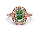 Rose gold Fancy Green Oval  Cut Halo Diamond Ring with Pavé Band and Milgrain Prong Setting_32