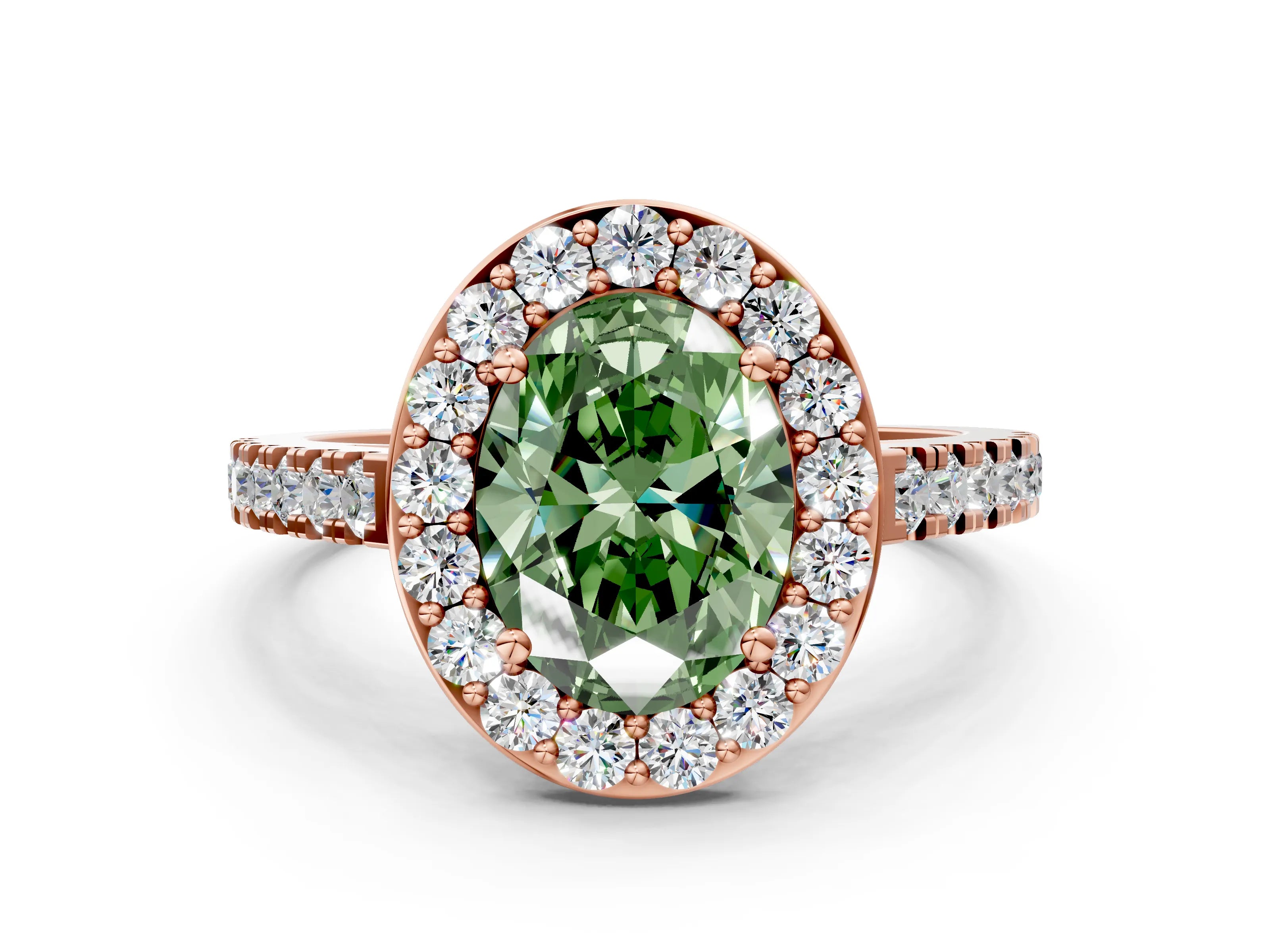 Rose gold Fancy Green Oval Cut Halo Diamond Ring with Pavé Band and Three-Prong Setting