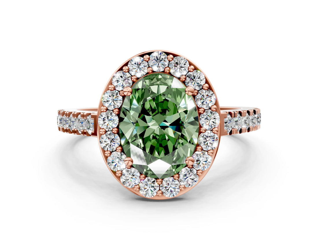 Rose gold Fancy Green Oval Cut Halo Diamond Ring with Pavé Band and Three-Prong Setting