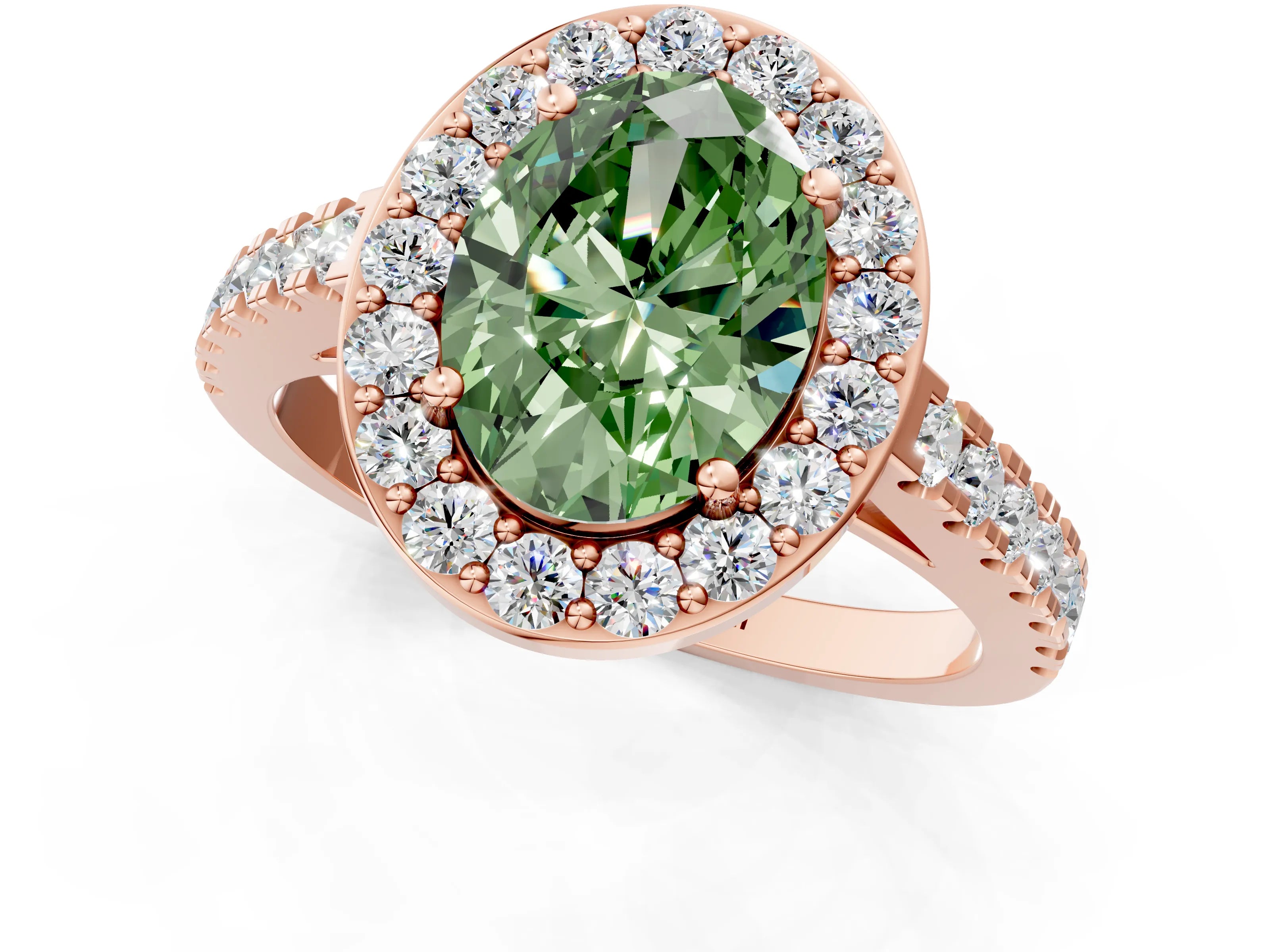 Rose gold Fancy Green Oval Cut Halo Diamond Ring with Pavé Band and Three-Prong Setting_1