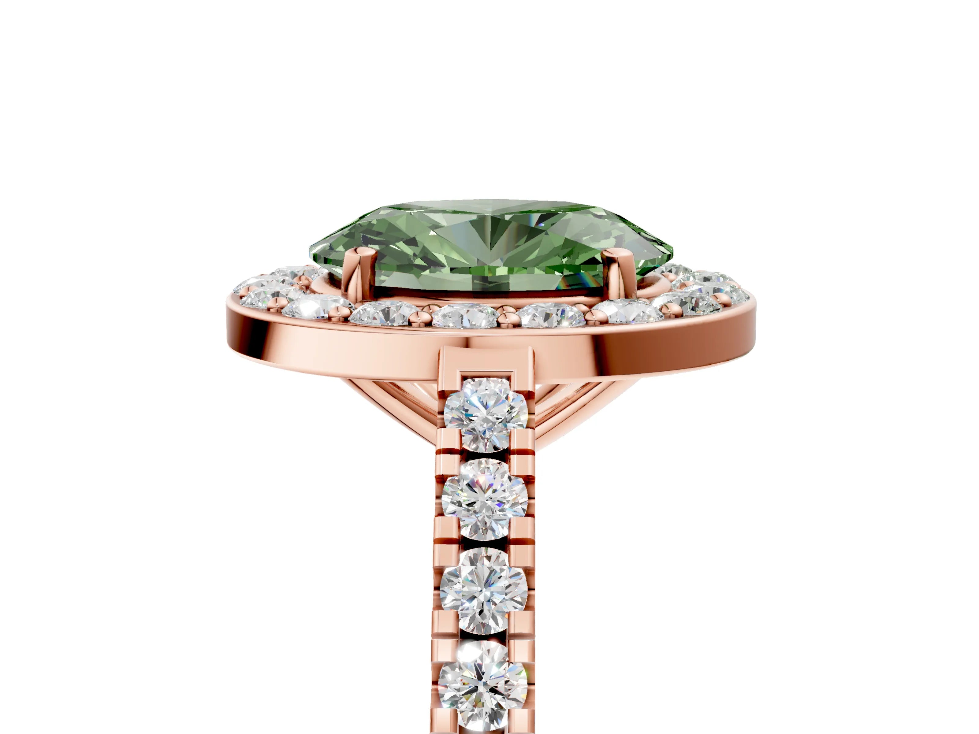 Rose gold Fancy Green Oval Cut Halo Diamond Ring with Pavé Band and Three-Prong Setting_5