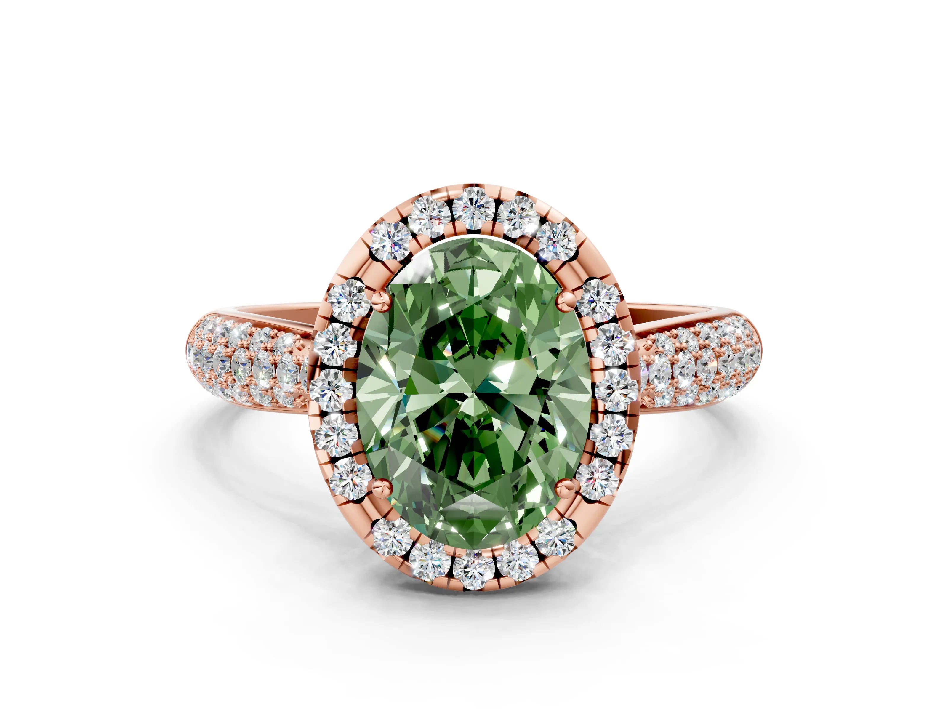 Rose gold Fancy Green Oval Cut Halo Diamond Ring with Pavé Band