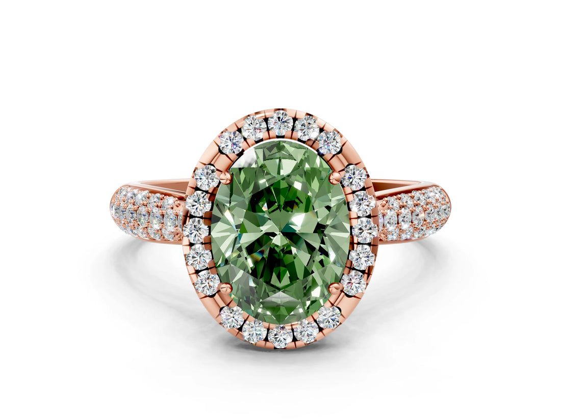 Rose gold Fancy Green Oval Cut Halo Diamond Ring with Pavé Band