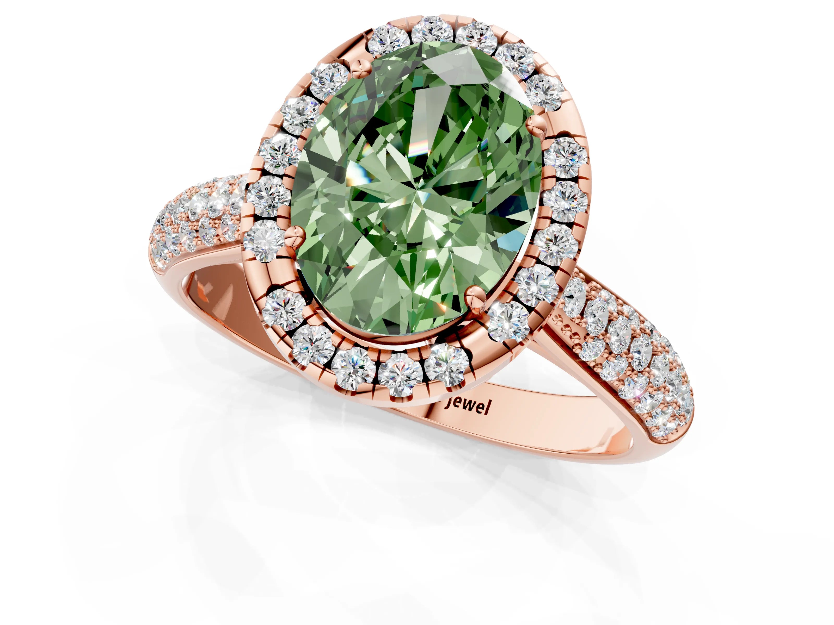 Rose gold Fancy Green Oval Cut Halo Diamond Ring with Pavé Band_1
