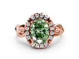 Rose gold Fancy Green Oval  Cut Halo Diamond Ring with Scrollwork Band and Four-Prong Setting_133