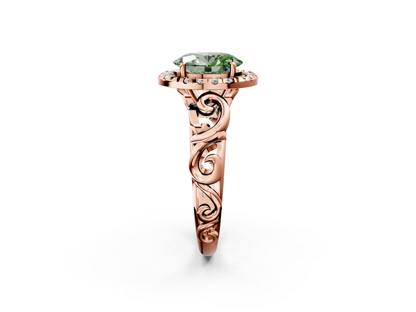 Rose gold Fancy Green Oval  Cut Halo Diamond Ring with Scrollwork Band and Four-Prong Setting
