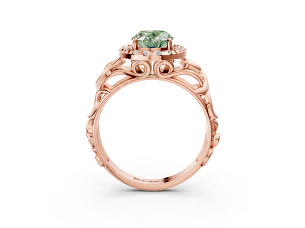 Rose gold Fancy Green Oval  Cut Halo Diamond Ring with Scrollwork Band and Four-Prong Setting