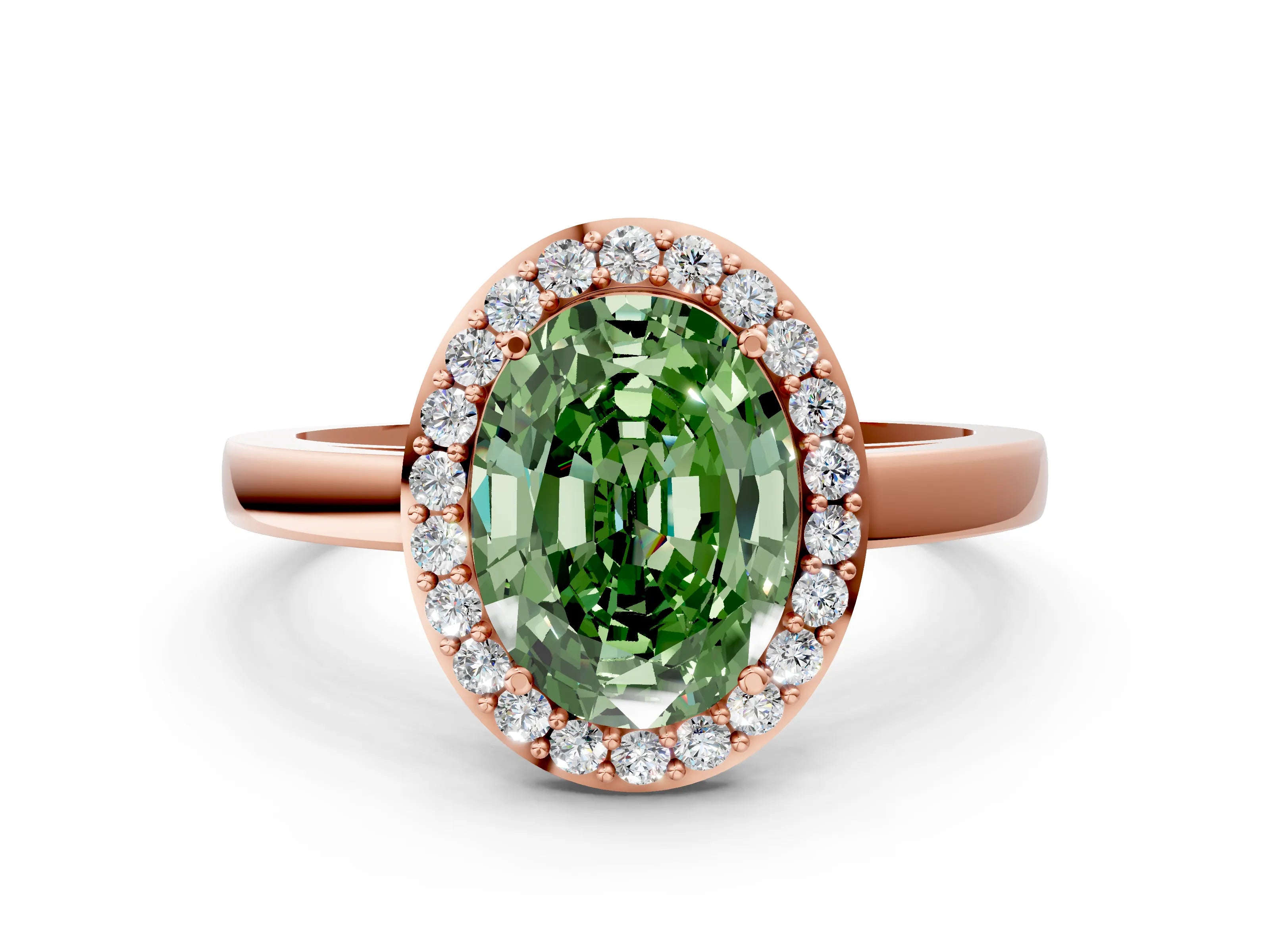 Rose gold Fancy Green Oval Cut Halo Diamond Ring with Solitaire Band and Prong Setting