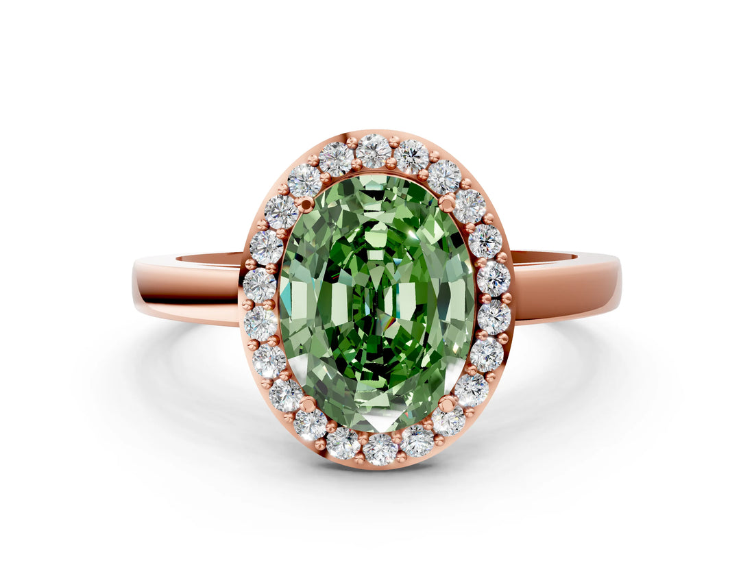 Rose gold Fancy Green Oval Cut Halo Diamond Ring with Solitaire Band and Prong Setting