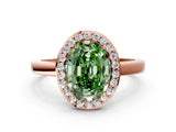 Rose gold Fancy Green Oval Cut Halo Diamond Ring with Solitaire Band and Prong Setting