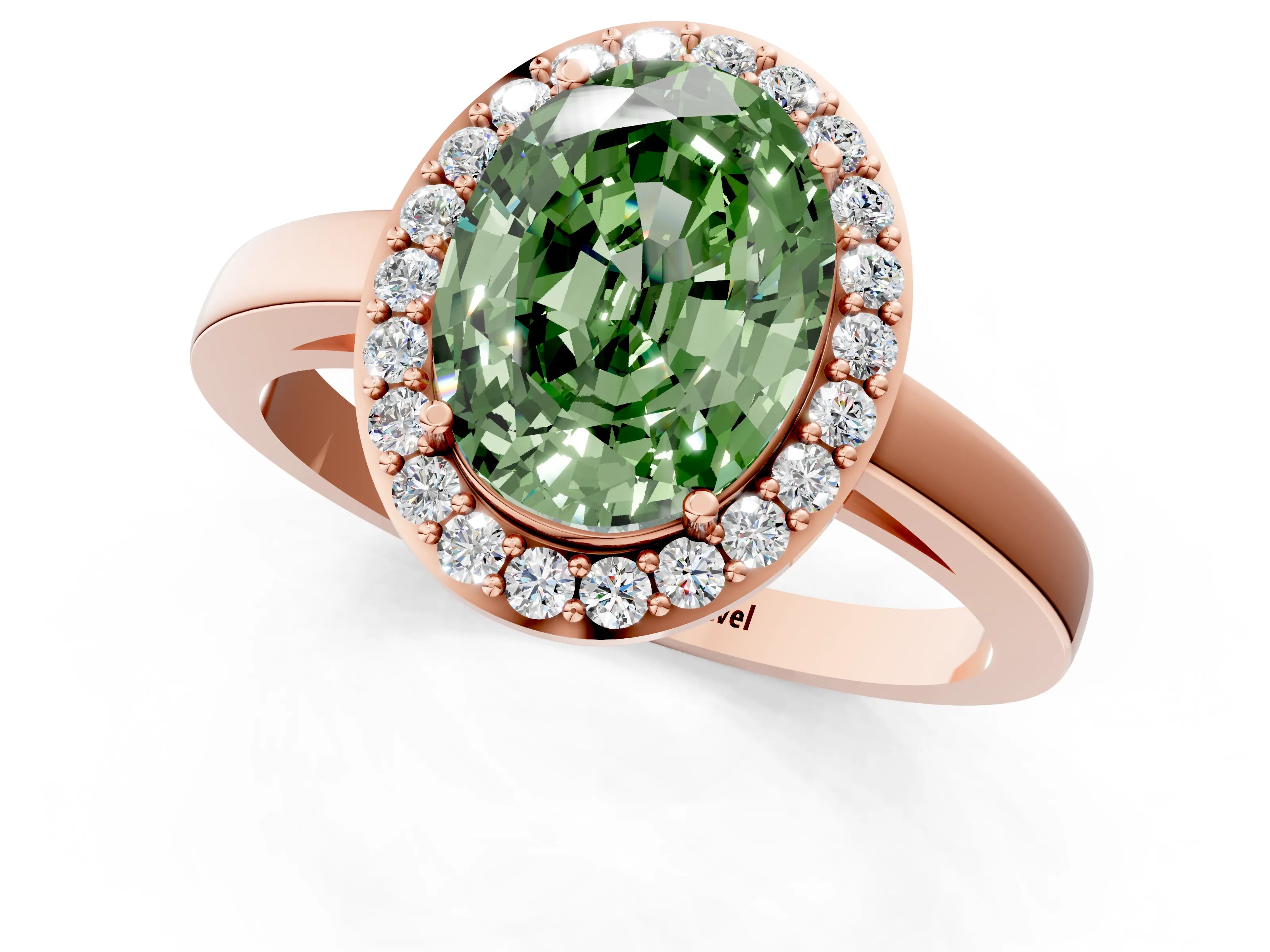 Rose gold Fancy Green Oval Cut Halo Diamond Ring with Solitaire Band and Prong Setting_1