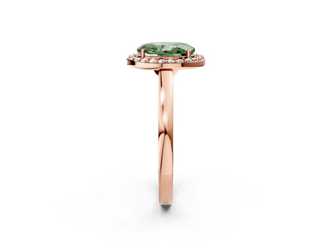 Rose gold Fancy Green Oval Cut Halo Diamond Ring with Solitaire Band and Prong Setting_2