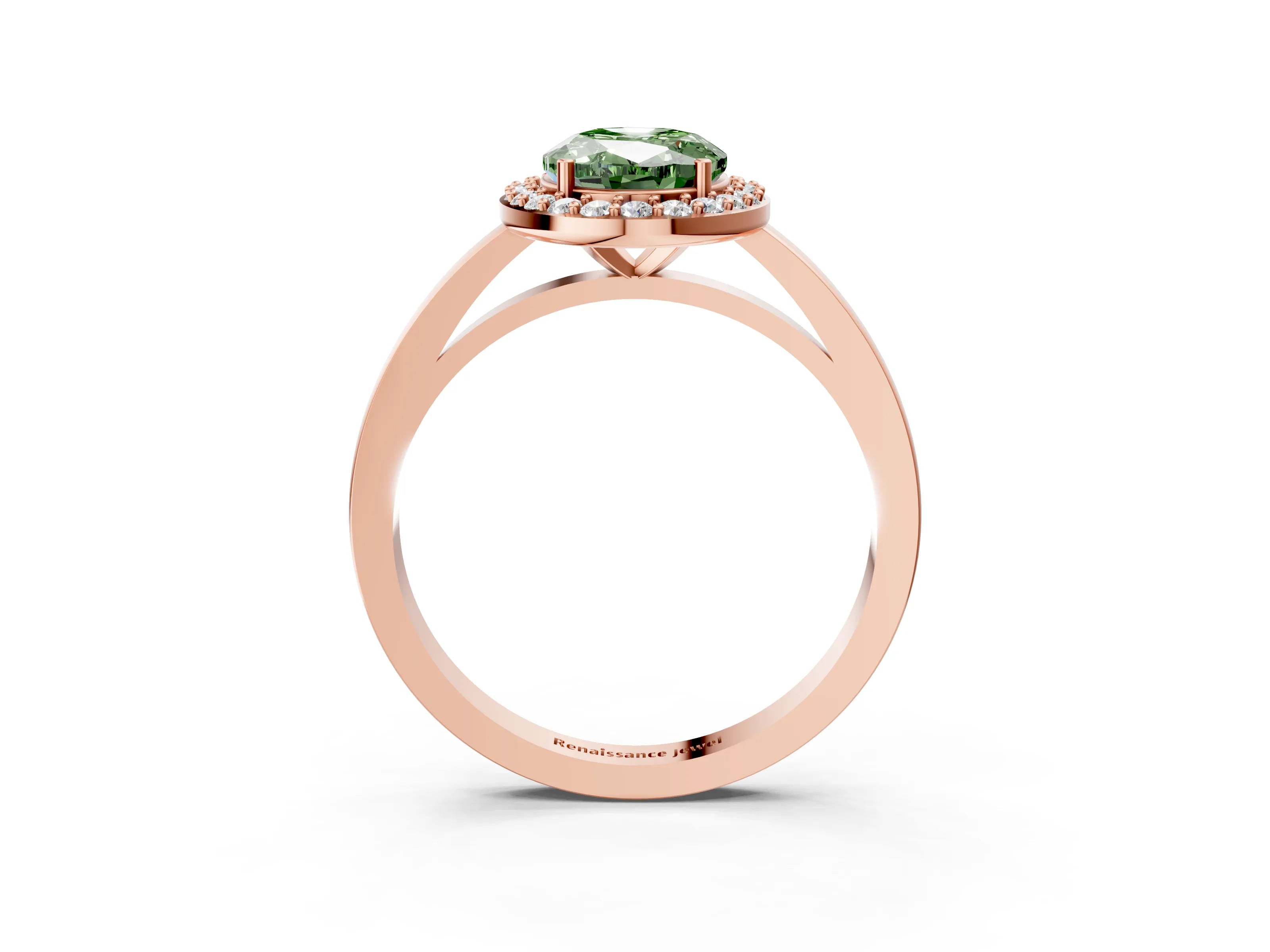 Rose gold Fancy Green Oval Cut Halo Diamond Ring with Solitaire Band and Prong Setting_3