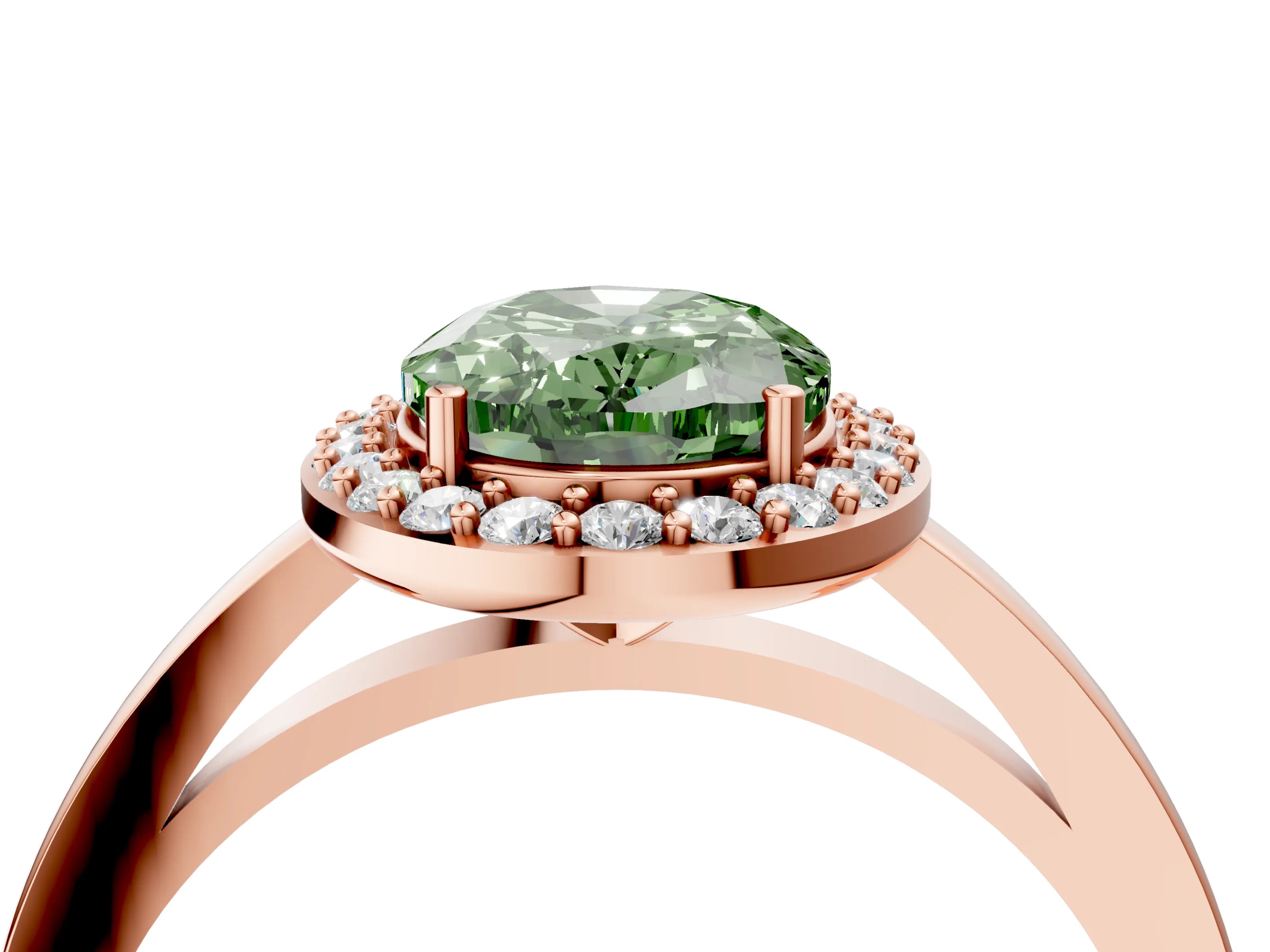 Rose gold Fancy Green Oval Cut Halo Diamond Ring with Solitaire Band and Prong Setting_4