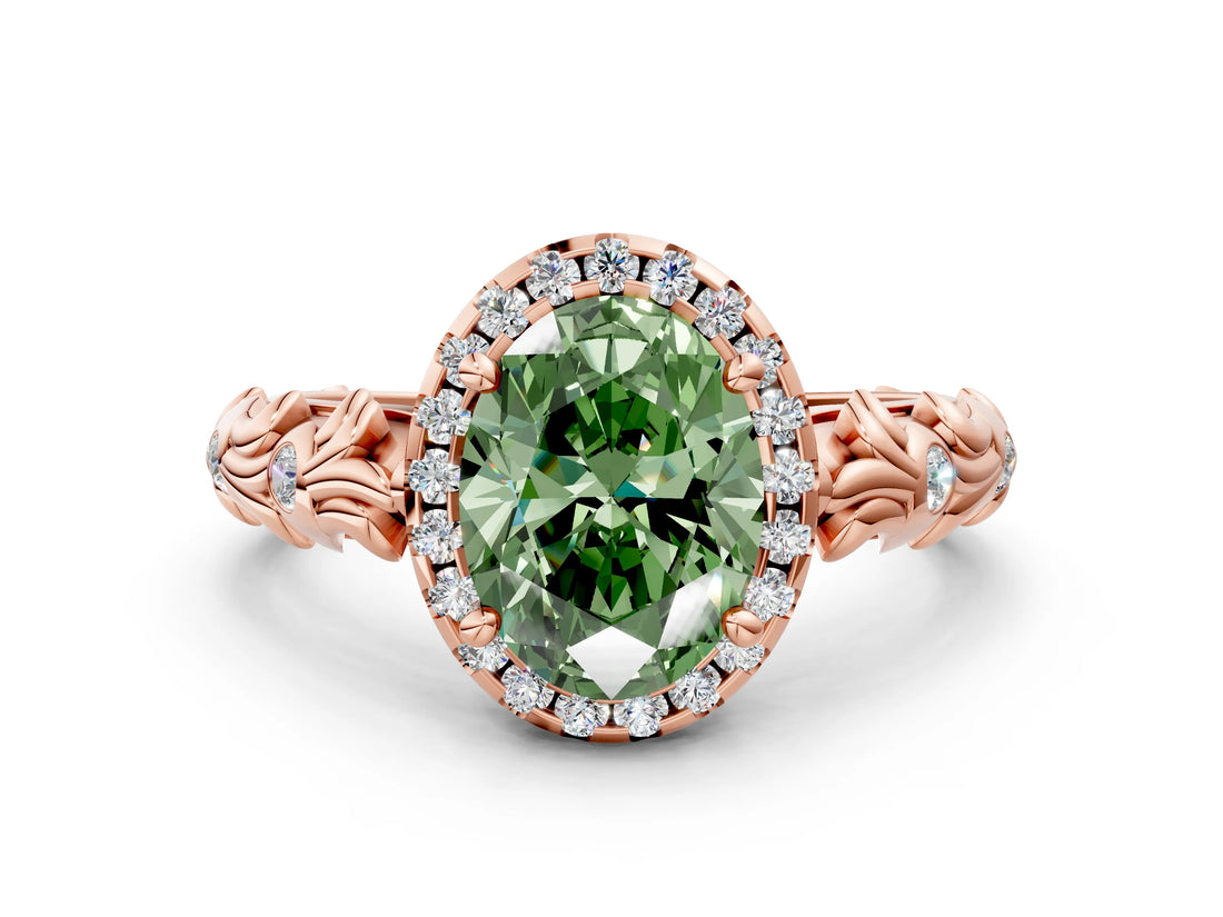Rose gold Fancy Green Oval Cut Halo Diamond Solitaire with Filigree Band and Four-Prong Setting_12