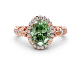 Rose gold Fancy Green Oval Cut Halo Diamond Solitaire with Filigree Band and Four-Prong Setting_12