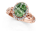 Rose gold Fancy Green Oval Cut Halo Diamond Solitaire with Filigree Band and Four-Prong Setting_13