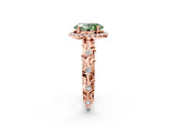 Rose gold Fancy Green Oval Cut Halo Diamond Solitaire with Filigree Band and Four-Prong Setting_14