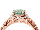 Rose gold Fancy Green Oval Cut Halo Diamond Solitaire with Filigree Band and Four-Prong Setting_16