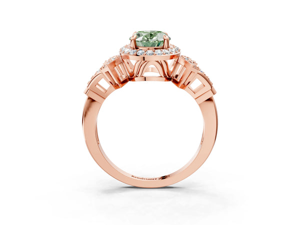 Rose Gold Oval Halo Engagement Ring Setting for Fancy Green Center with Arched Pave