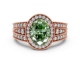 Rose gold Fancy Green Oval Cut Halo Diamond Split Shank Ring with Prong Setting_12