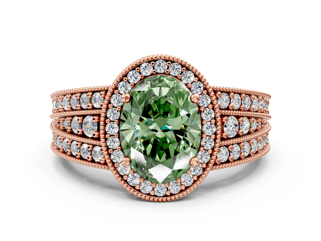 Rose gold Fancy Green Oval Cut Halo Diamond Split Shank Ring with Prong Setting_18