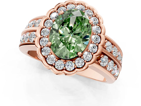 Rose gold Fancy Green Oval Cut Halo Diamond Split Shank Ring with Scalloped Prong Setting_1