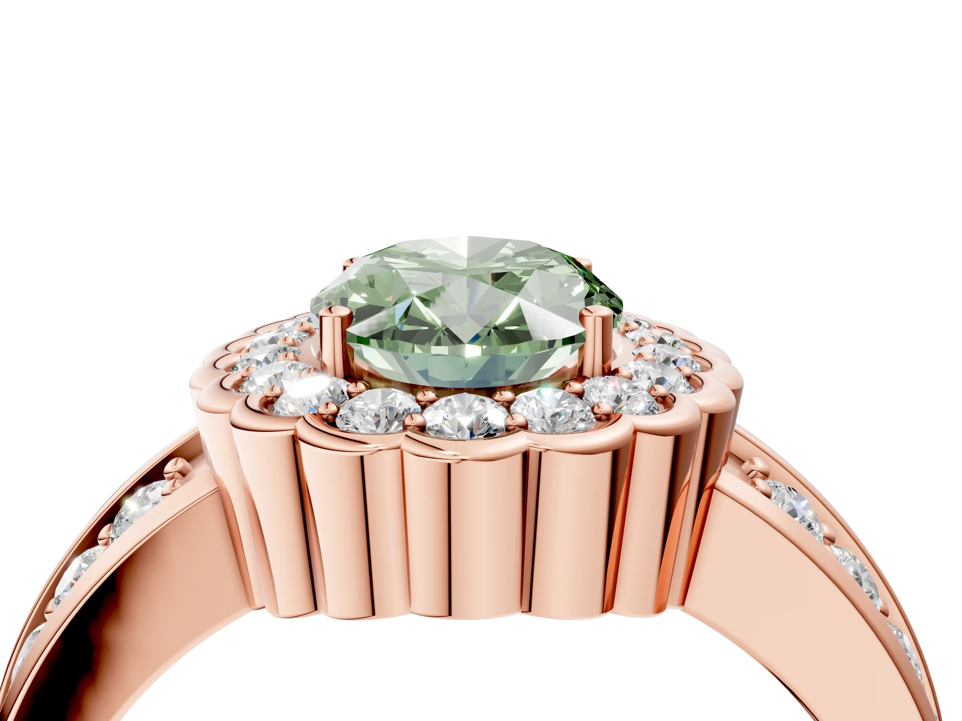 Rose gold Fancy Green Oval Cut Halo Diamond Split Shank Ring with Scalloped Prong Setting_4