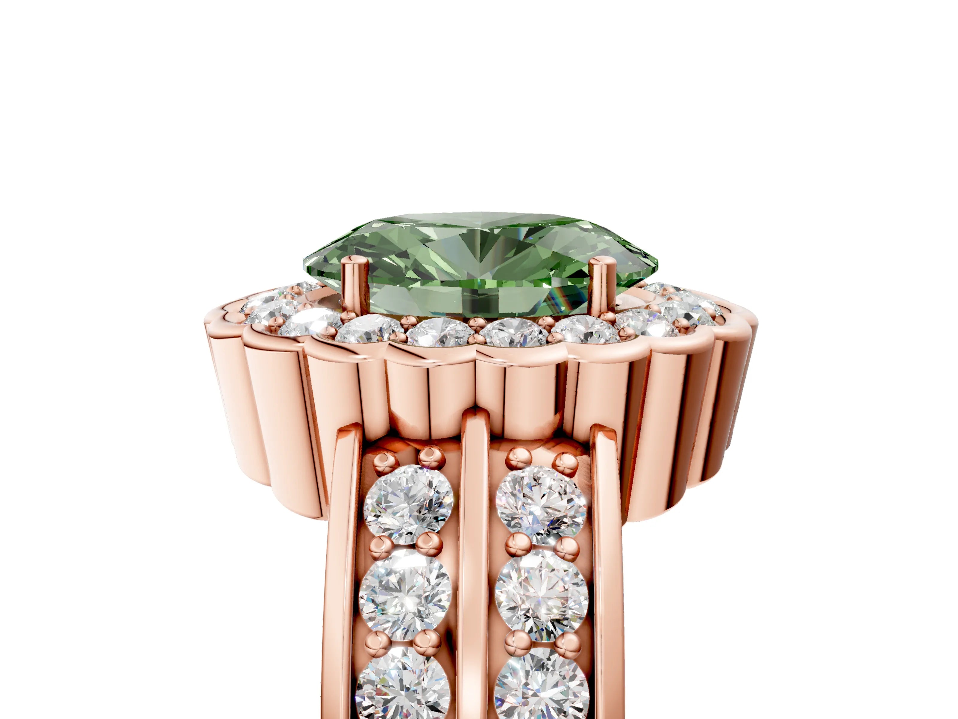 Rose gold Fancy Green Oval Cut Halo Diamond Split Shank Ring with Scalloped Prong Setting_5
