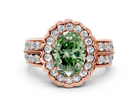 Rose gold Fancy Green Oval Cut Halo Diamond Split Shank Ring with Scalloped Prong Setting