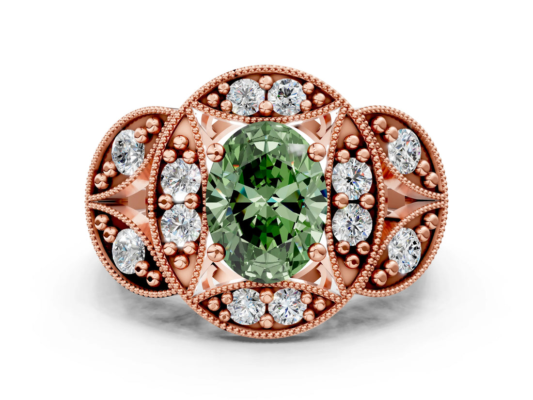 Rose gold Fancy Green Oval Cut Halo Milgrain Diamond Engagement Ring with Leaf Band and Four-Prong Setting