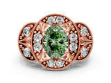 Rose gold Fancy Green Oval Cut Halo Milgrain Diamond Engagement Ring with Leaf Band and Four-Prong Setting