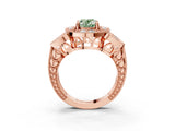 Rose gold Fancy Green Oval Cut Halo Milgrain Diamond Engagement Ring with Leaf Band and Four-Prong Setting_3