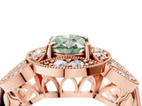 Rose gold Fancy Green Oval Cut Halo Milgrain Diamond Engagement Ring with Leaf Band and Four-Prong Setting_4