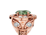 Rose gold Fancy Green Oval Cut Halo Milgrain Diamond Engagement Ring with Leaf Band and Four-Prong Setting_5