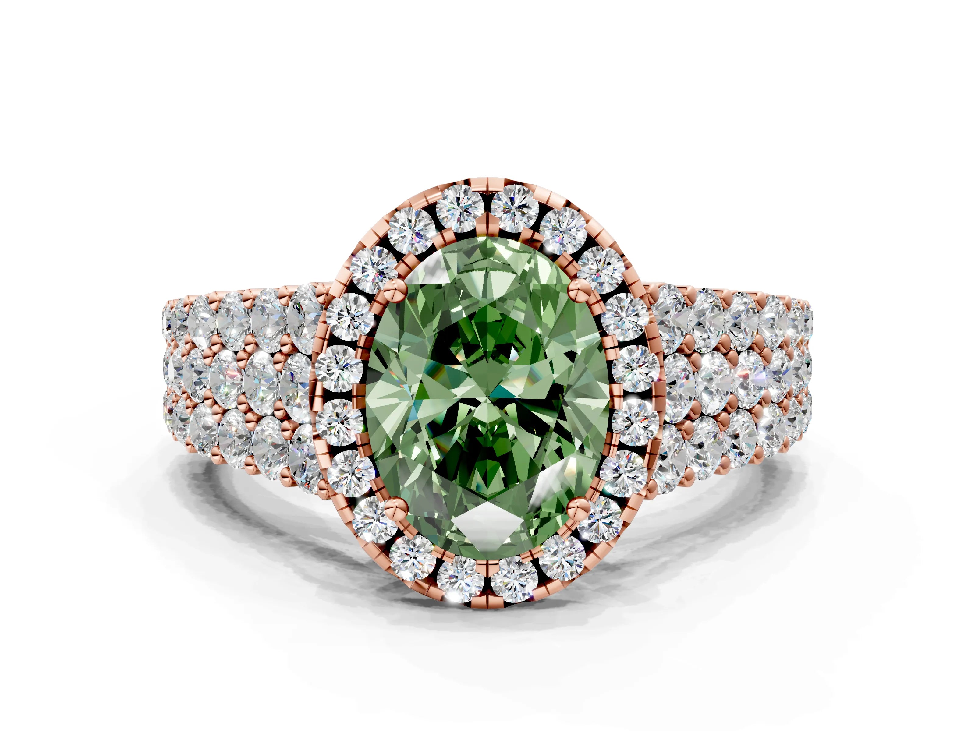 Rose gold Fancy Green Oval Cut Halo Pavé Diamond Engagement Ring with Split Shank and Four-Prong Setting_3