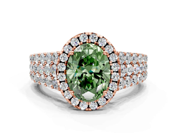 Rose gold Fancy Green Oval Cut Halo Pavé Diamond Engagement Ring with Split Shank and Four-Prong Setting