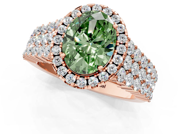 Rose gold Fancy Green Oval Cut Halo Pavé Diamond Engagement Ring with Split Shank and Four-Prong Setting