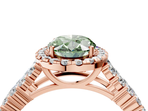 Rose gold Fancy Green Oval Cut Halo Pavé Diamond Engagement Ring with Split Shank and Four-Prong Setting_7