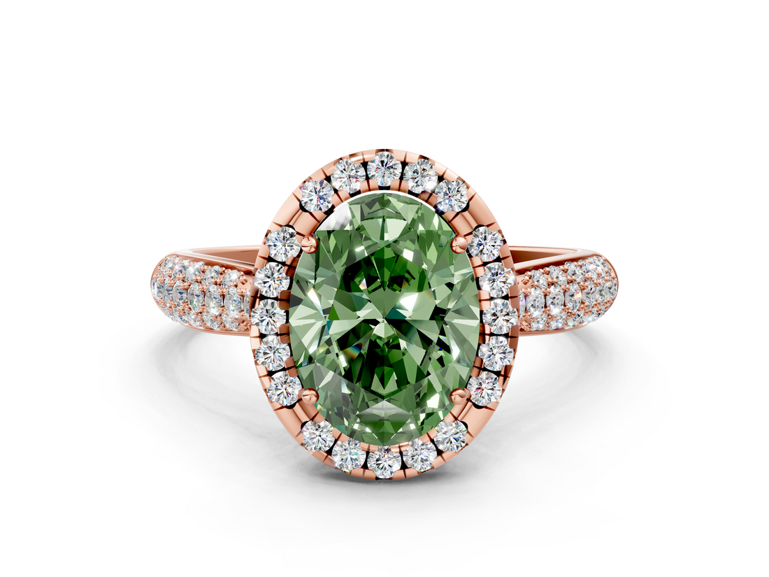 Rose gold Fancy Green Oval  Cut Halo Pave Band Four-Prong Setting Ring_37