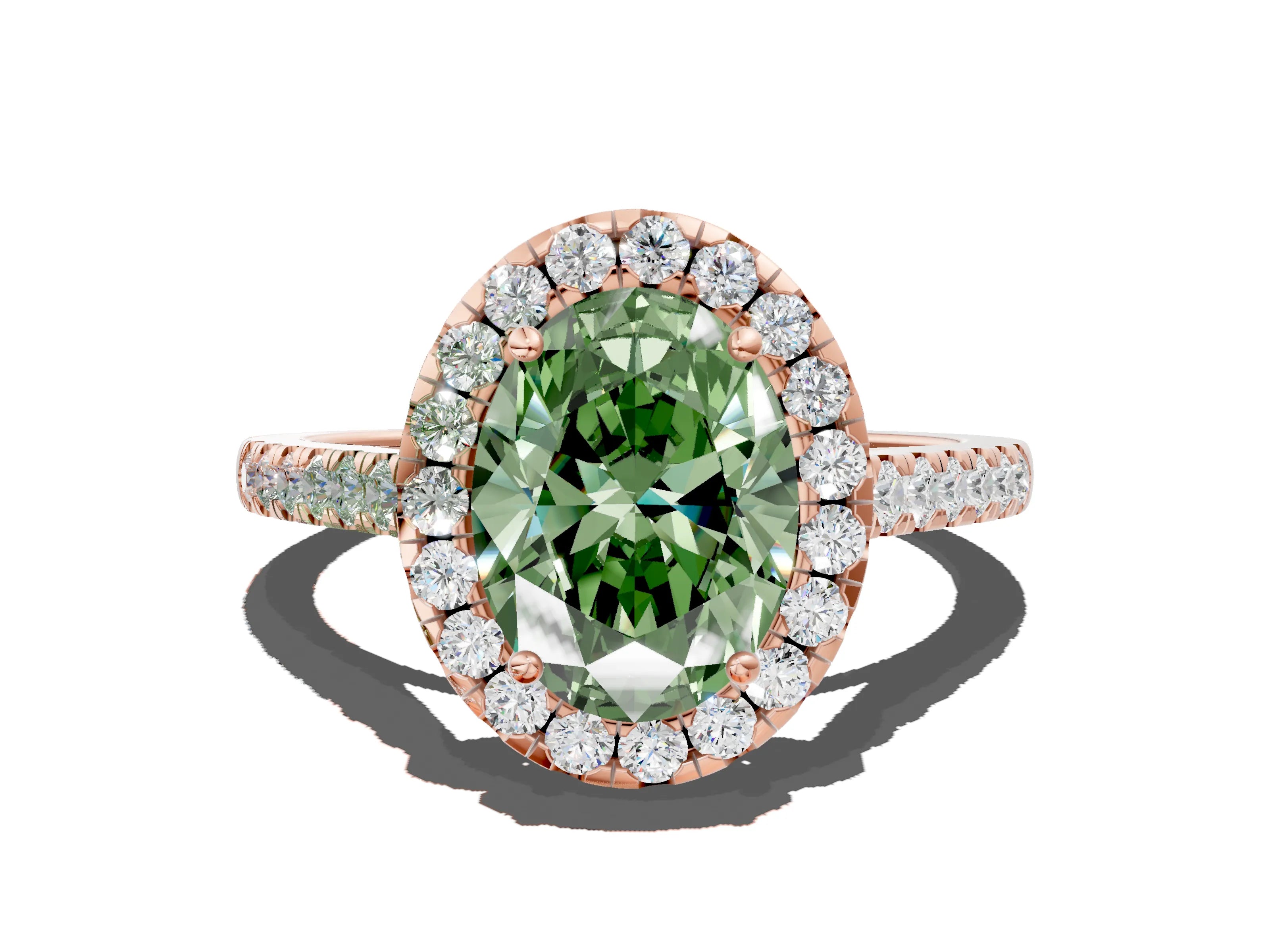 Rose gold Fancy Green Oval Cut Halo Pave Diamond Engagement Ring with Four-Prong Setting