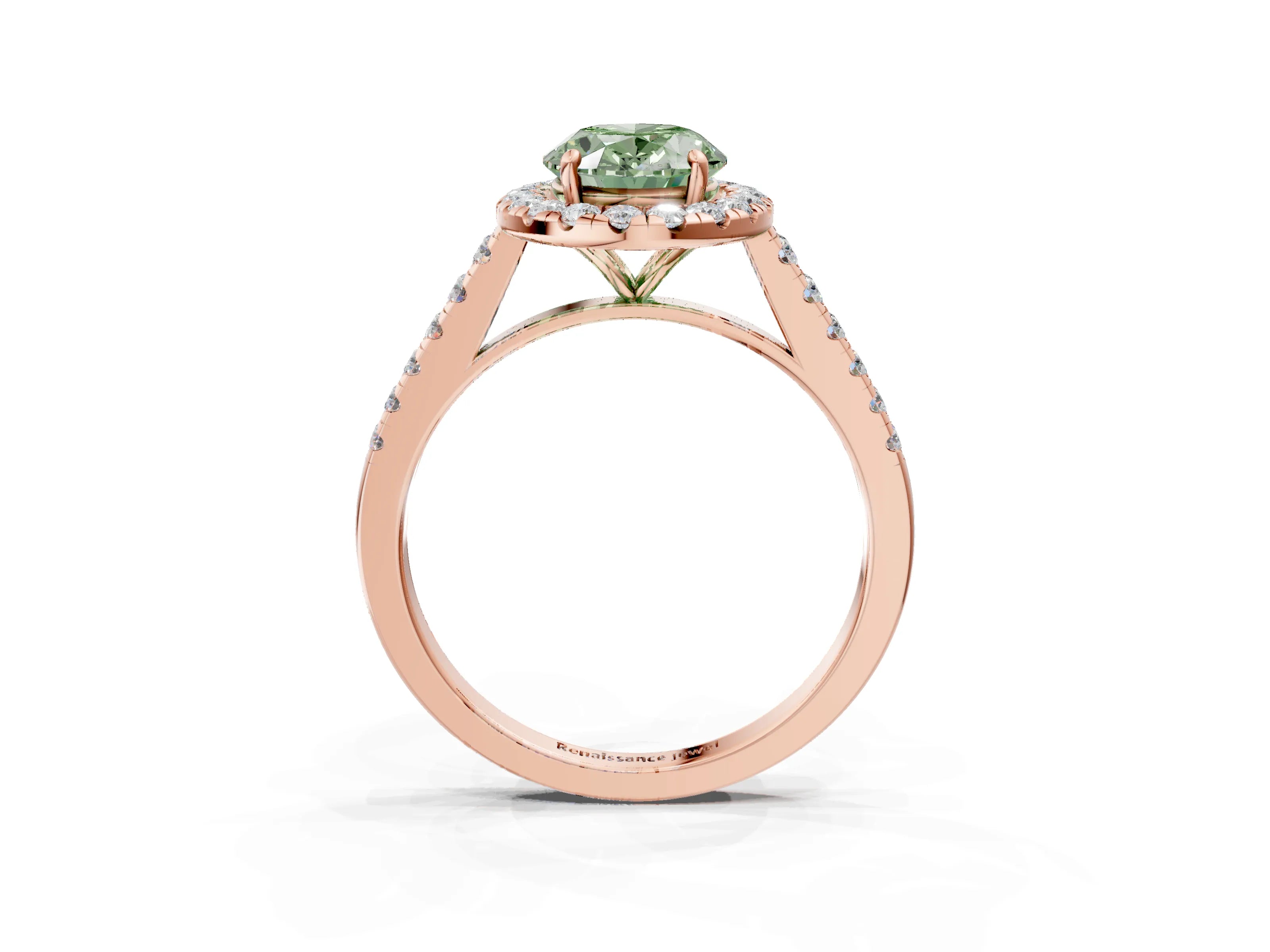 Rose gold Fancy Green Oval Cut Halo Pave Diamond Engagement Ring with Four-Prong Setting_3