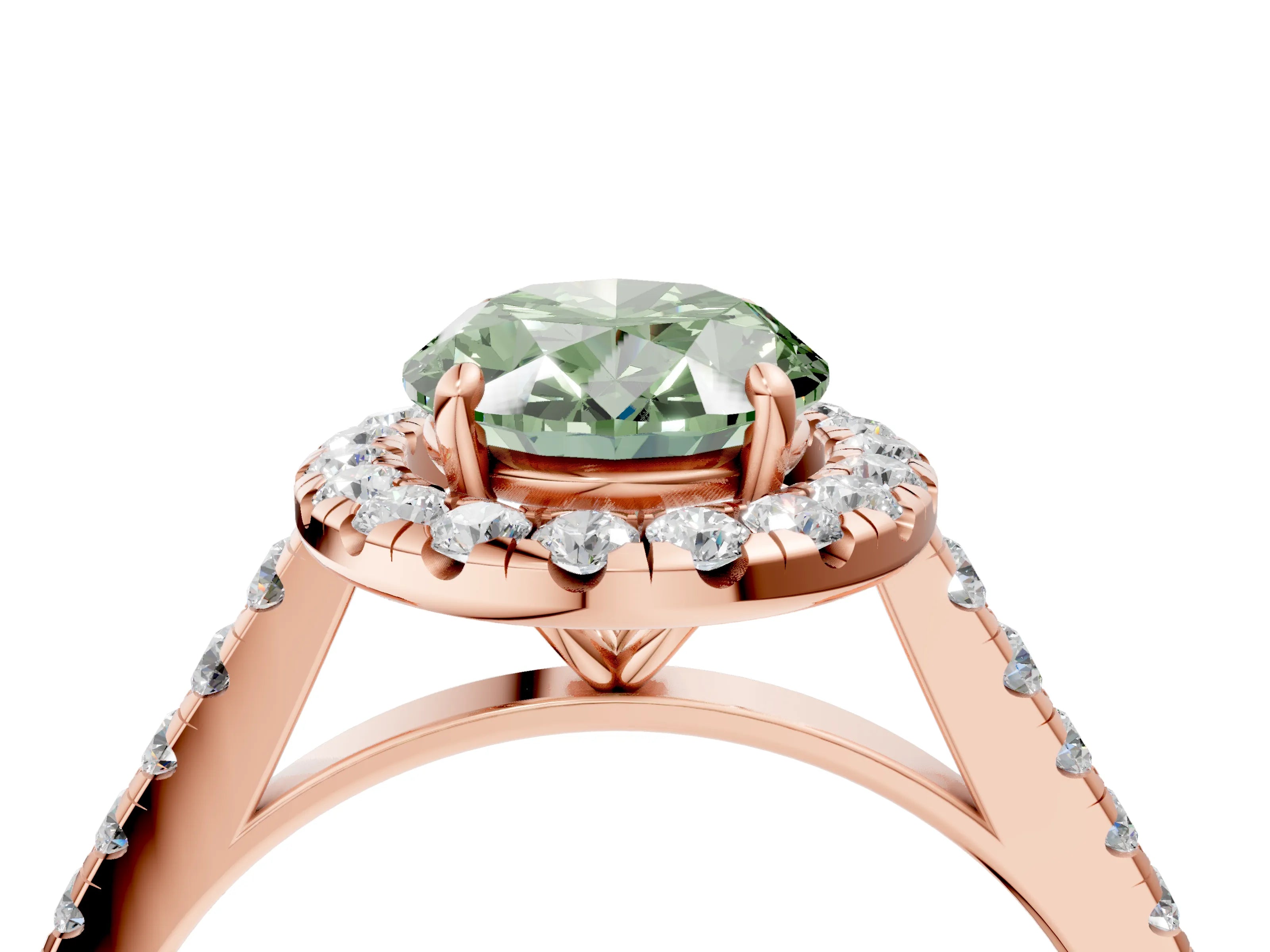 Rose gold Fancy Green Oval Cut Halo Pave Diamond Engagement Ring with Four-Prong Setting_4