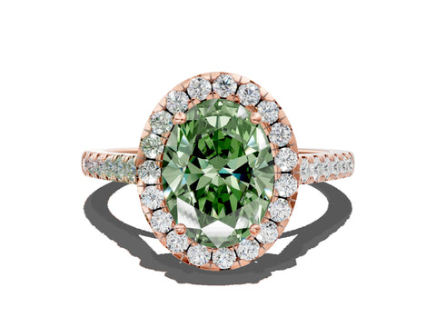 Rose gold Fancy Green Oval Cut Halo Pave Diamond Engagement Ring with Four-Prong Setting