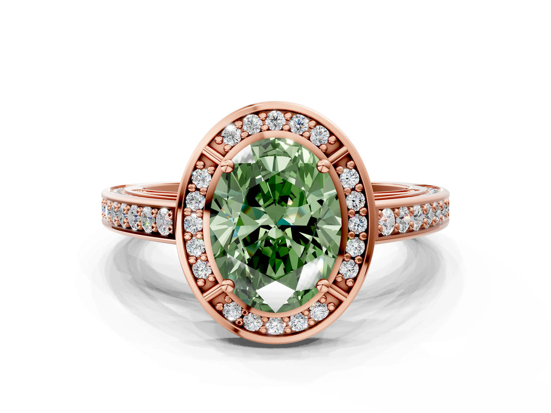 Rose gold Fancy Green Oval  Cut Halo Pave Split Shank Prong Setting Ring_31