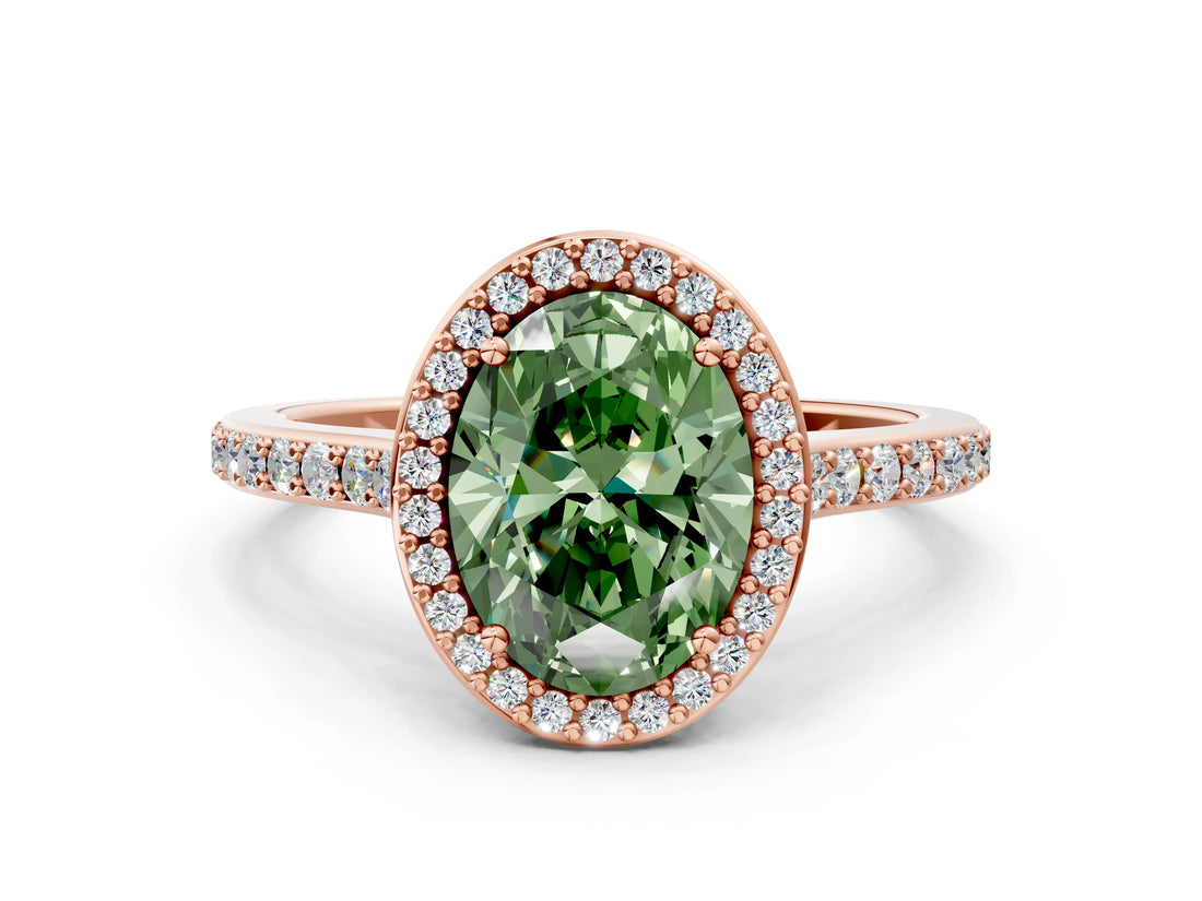 Rose gold Fancy Green Oval Cut Halo Round Diamond Pavé Band with Four-Prong Setting_3